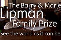 Text overlay on a background image of a person writing, featuring the words "The Barry & Marie Lipman Family Prize" and "See the world as it can be."