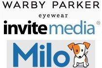 Logos of Warby Parker, invite media, and Milo, representing various companies in eyewear, media, and a business with a dog mascot.