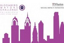 Illustration of a city skyline in purple with text for the Bloomberg Philadelphias Mayors Challenge, associated with the Wharton Social Impact Initiative.