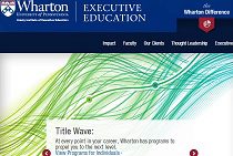 The image is a screenshot of the Wharton Executive Education website, featuring the University of Pennsylvania''s logo, navigation links, and abstract green and blue lines.