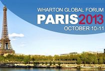 Image of a promotional banner for the Wharton Global Forum in Paris, featuring the Eiffel Tower and the event dates, October 10-11, 2013.