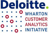 Logo for Deloitte and Wharton Customer Analytics Initiative, featuring blue and red dots alongside the company names.