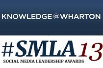 Logo for Knowledge@Wharton, featuring the text "#SMLA 13 Social Media Leadership Awards."