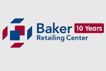 Logo for Baker Retailing Center with geometric red and blue design, celebrating 10 years.