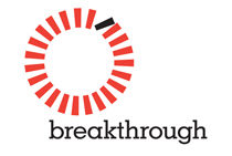 A circular red and black design with the word "breakthrough" beneath it, likely representing innovation or progress.