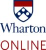 The image shows the Wharton Online logo, featuring a shield emblem above the words "Wharton" and "ONLINE" in red and blue text.