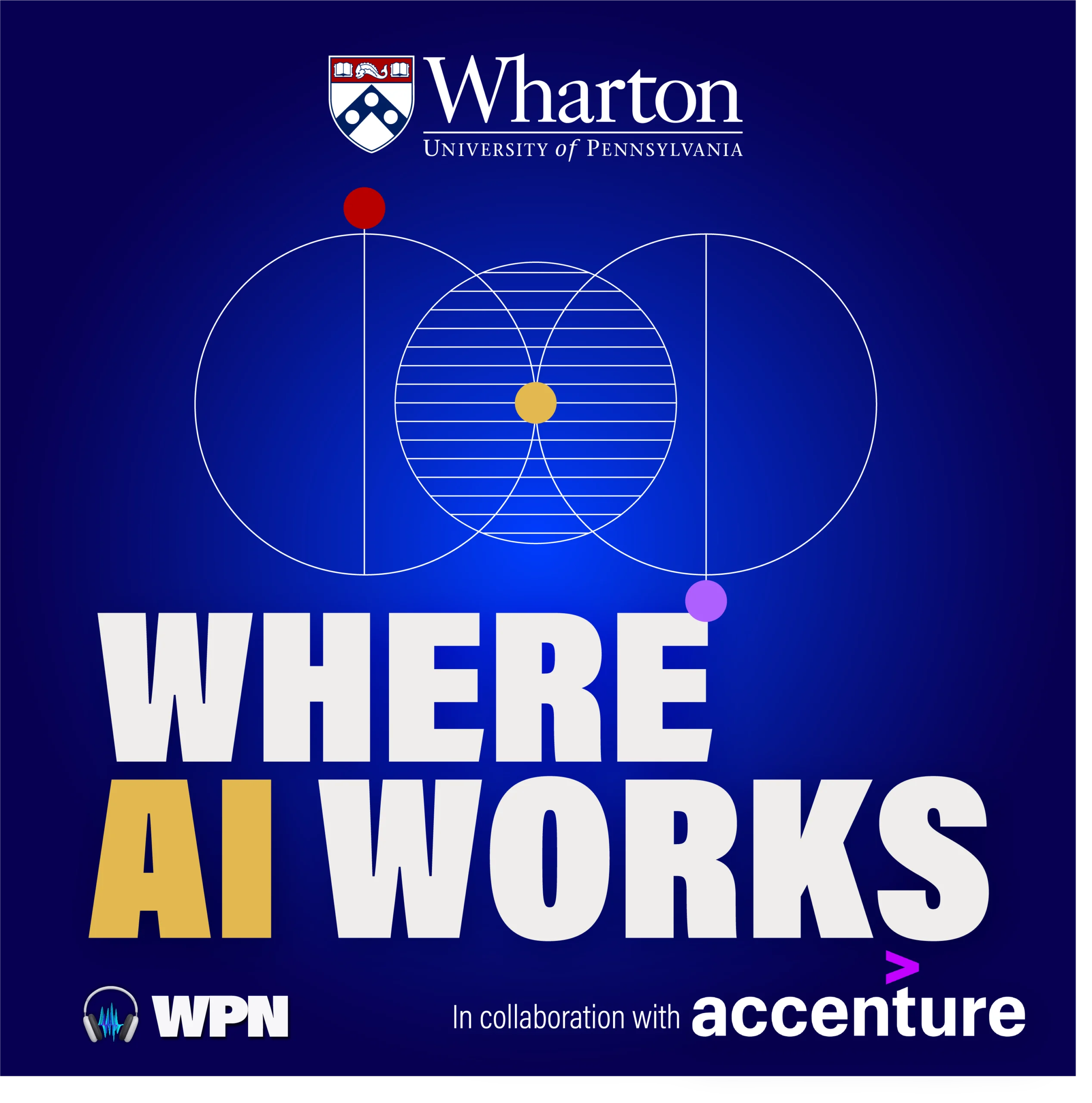 Logo for "Where AI Works" by Wharton, featuring Venn diagrams and collaboration with Accenture, WPN partnership indicated.